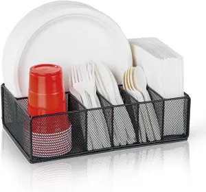 Paper Plate Organizer for Countertop, Metal Silverware Caddy for Cup, Fork, Spoon, Napkin, Paper Plate and Utensil Holder, Cutlery Caddy for Party, Camping, Picnic (Black)