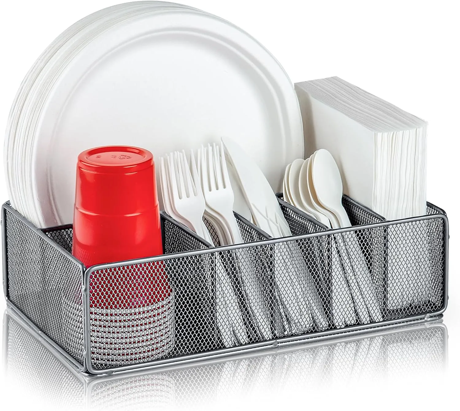 Paper Plate Organizer for Countertop, Metal Silverware Caddy for Cup, Fork, Spoon, Napkin, Paper Plate and Utensil Holder, Cutlery Caddy for Party, Camping, Picnic (Silver)