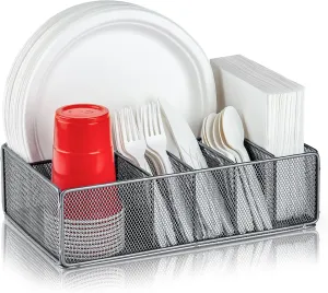 Paper Plate Organizer for Countertop, Metal Silverware Caddy for Cup, Fork, Spoon, Napkin, Paper Plate and Utensil Holder, Cutlery Caddy for Party, Camping, Picnic (Silver)
