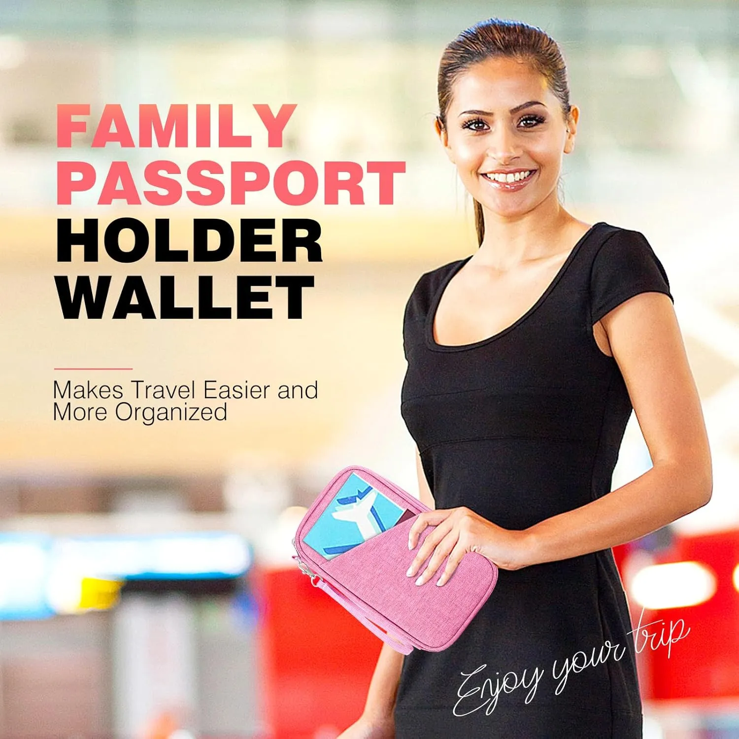 Passport Holder Family RFID Travel Document Organizer for Women Waterproof Passport Wallet Men Portable Case for Cards, Boarding Pass, ID, Money, Tickets with Zipper
