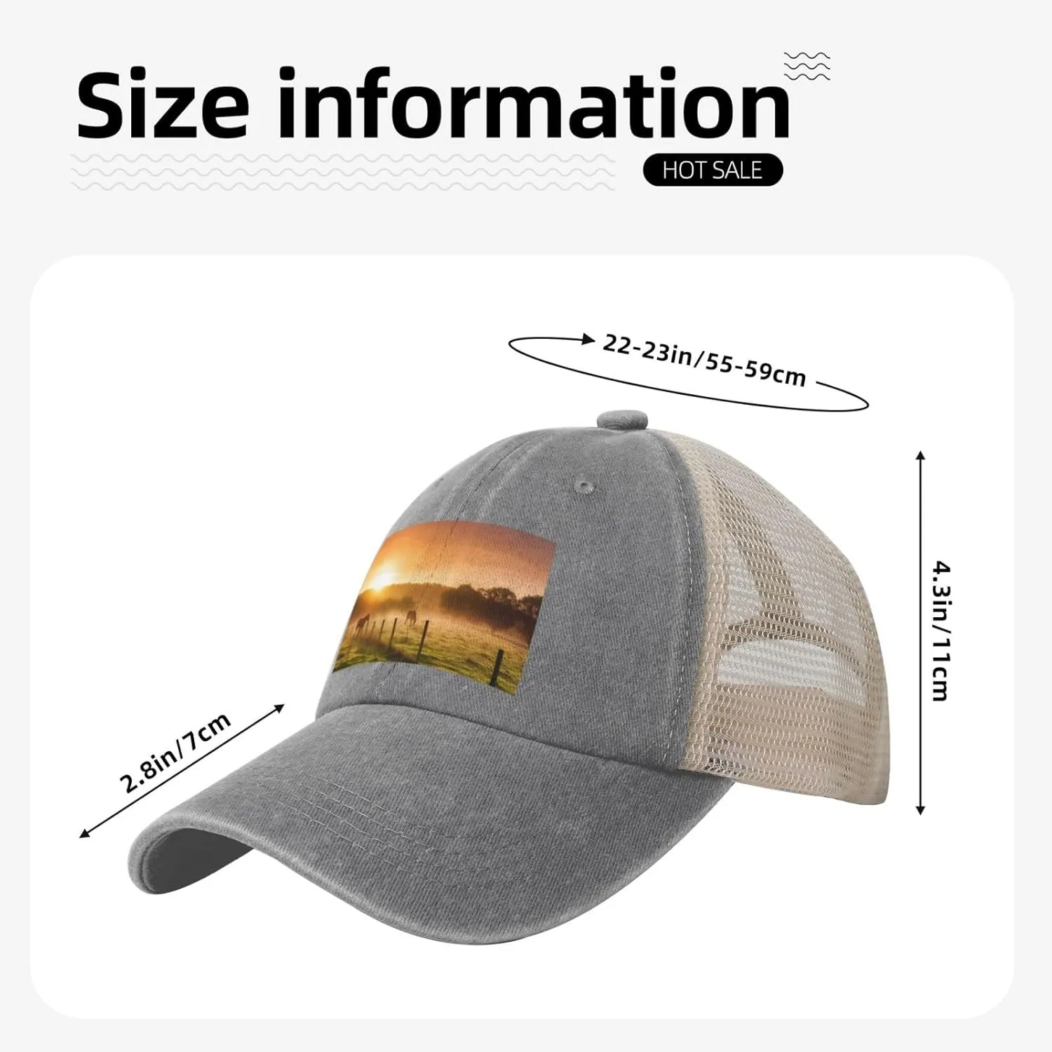 Pasture at Sundown in Orange Sunny Beams Printed Cowboy Mesh Baseball Cap â€” Adjustable mesh