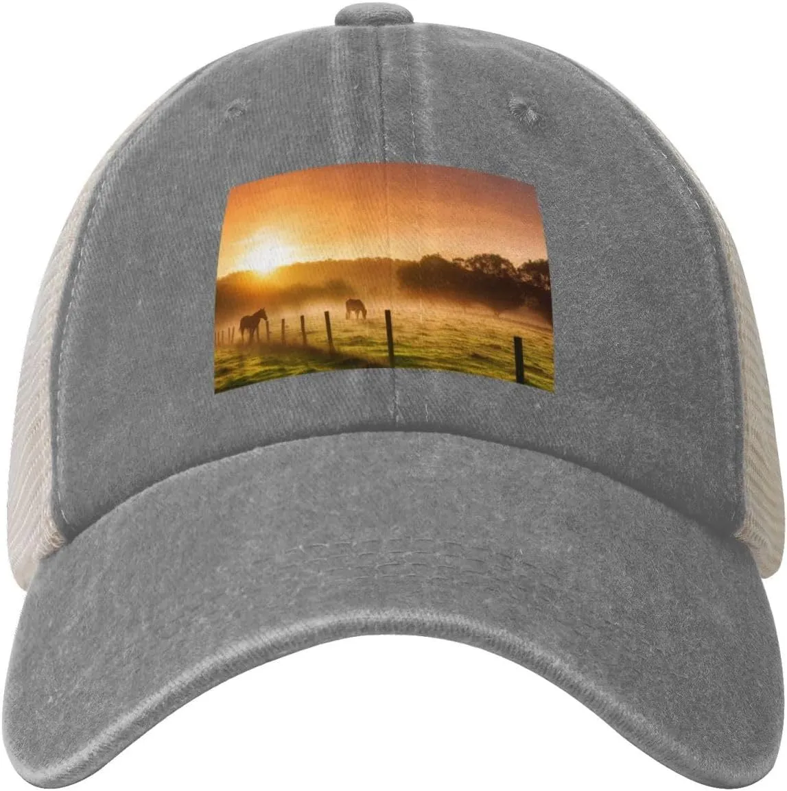 Pasture at Sundown in Orange Sunny Beams Printed Cowboy Mesh Baseball Cap â€” Adjustable mesh
