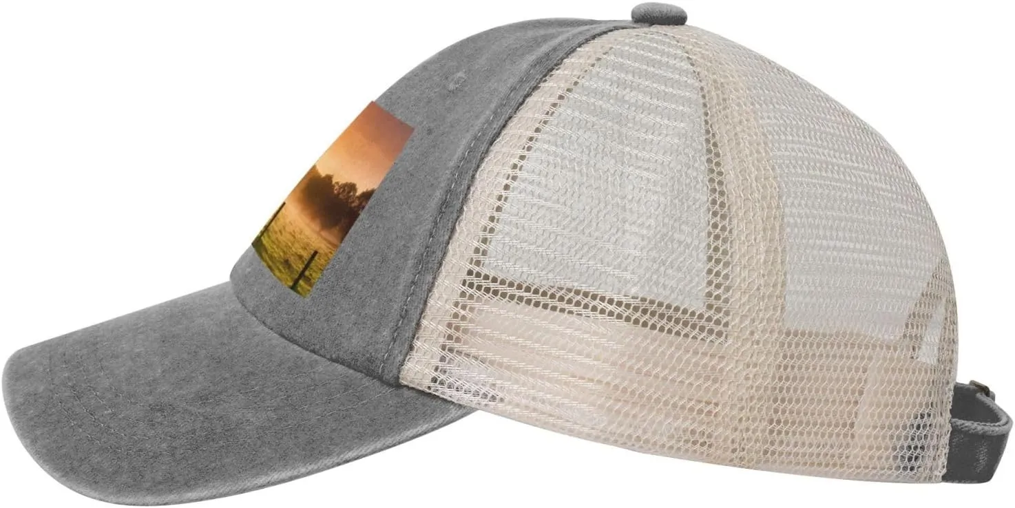 Pasture at Sundown in Orange Sunny Beams Printed Cowboy Mesh Baseball Cap â€” Adjustable mesh