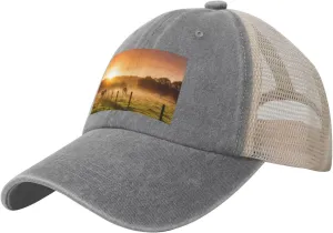 Pasture at Sundown in Orange Sunny Beams Printed Cowboy Mesh Baseball Cap â€” Adjustable mesh