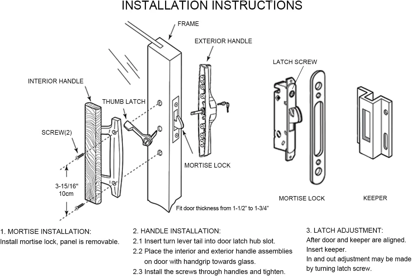 Patio Sliding Patio Door Handle Set with Mortise Lock, Key Cylinder and Keeper, Wood Handle Lock Set Fits Door Thickness from 1-1/2" to 1-3/4", 3-15/16" Screw Hole Spacing, Keyed, Black