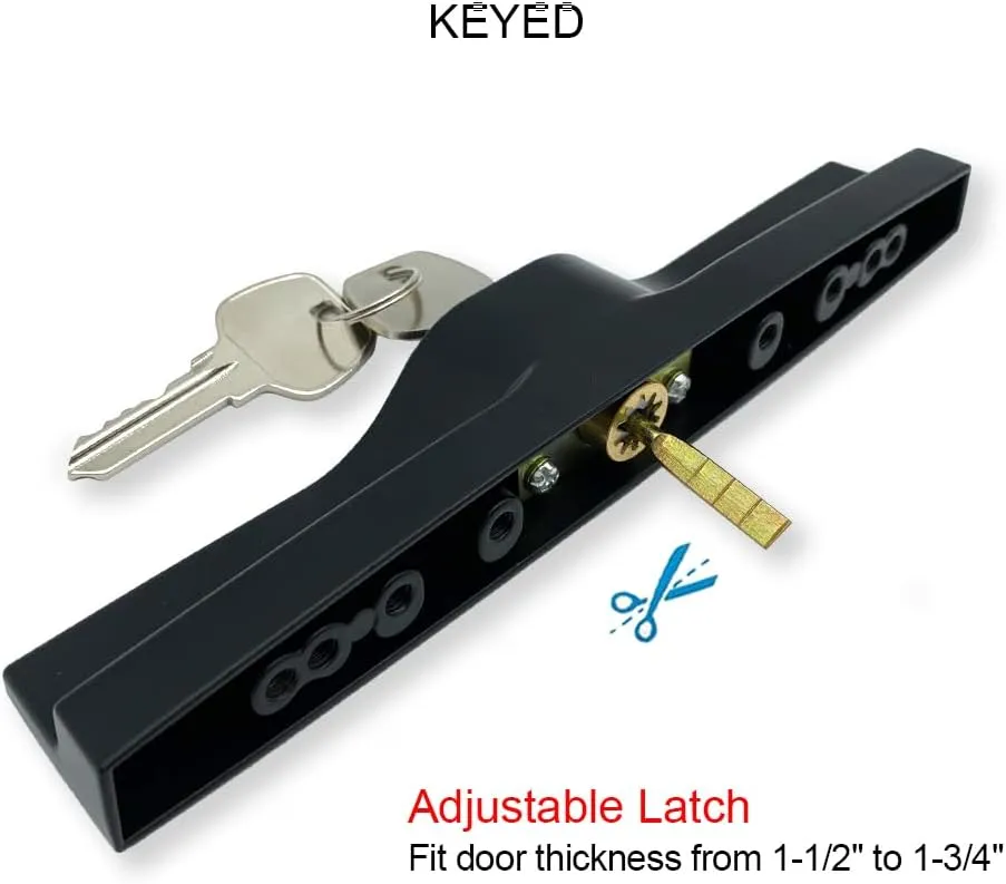Patio Sliding Patio Door Handle Set with Mortise Lock, Key Cylinder and Keeper, Wood Handle Lock Set Fits Door Thickness from 1-1/2" to 1-3/4", 3-15/16" Screw Hole Spacing, Keyed, Black