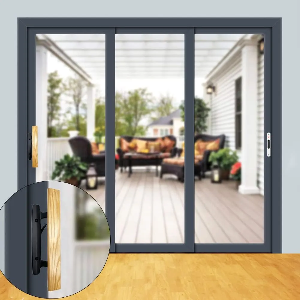 Patio Sliding Patio Door Handle Set with Mortise Lock, Key Cylinder and Keeper, Wood Handle Lock Set Fits Door Thickness from 1-1/2" to 1-3/4", 3-15/16" Screw Hole Spacing, Keyed, Black