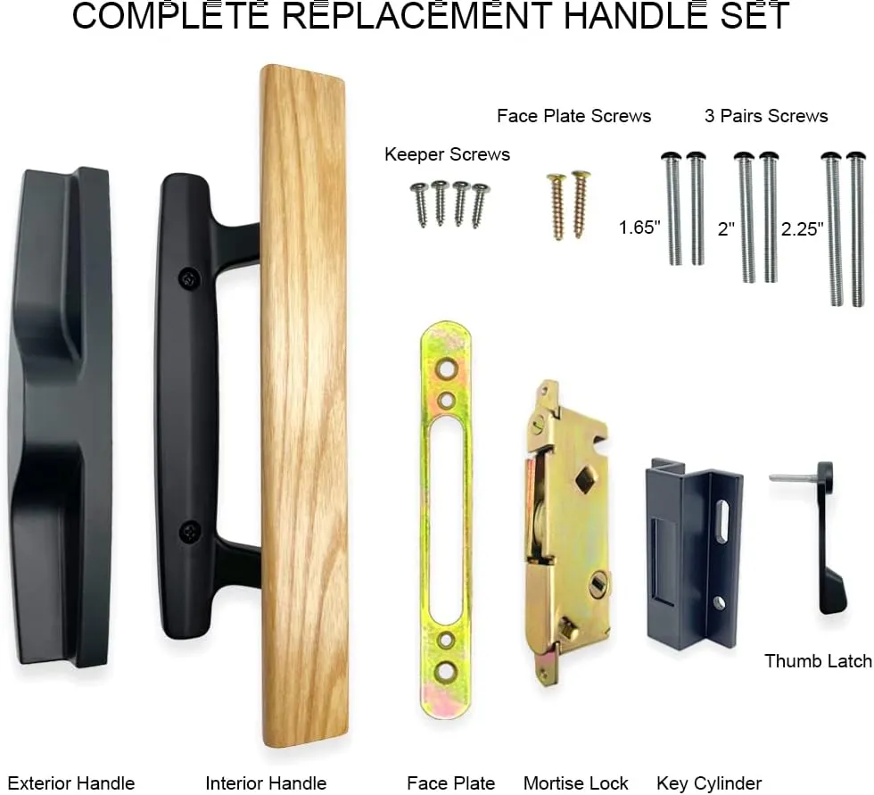 Patio Sliding Patio Door Handle Set with Mortise Lock, Key Cylinder and Keeper, Wood Handle Lock Set Fits Door Thickness from 1-1/2" to 1-3/4", 3-15/16" Screw Hole Spacing, Keyed, Black