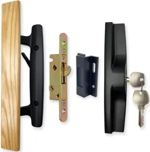 Patio Sliding Patio Door Handle Set with Mortise Lock, Key Cylinder and Keeper, Wood Handle Lock Set Fits Door Thickness from 1-1/2" to 1-3/4", 3-15/16" Screw Hole Spacing, Keyed, Black