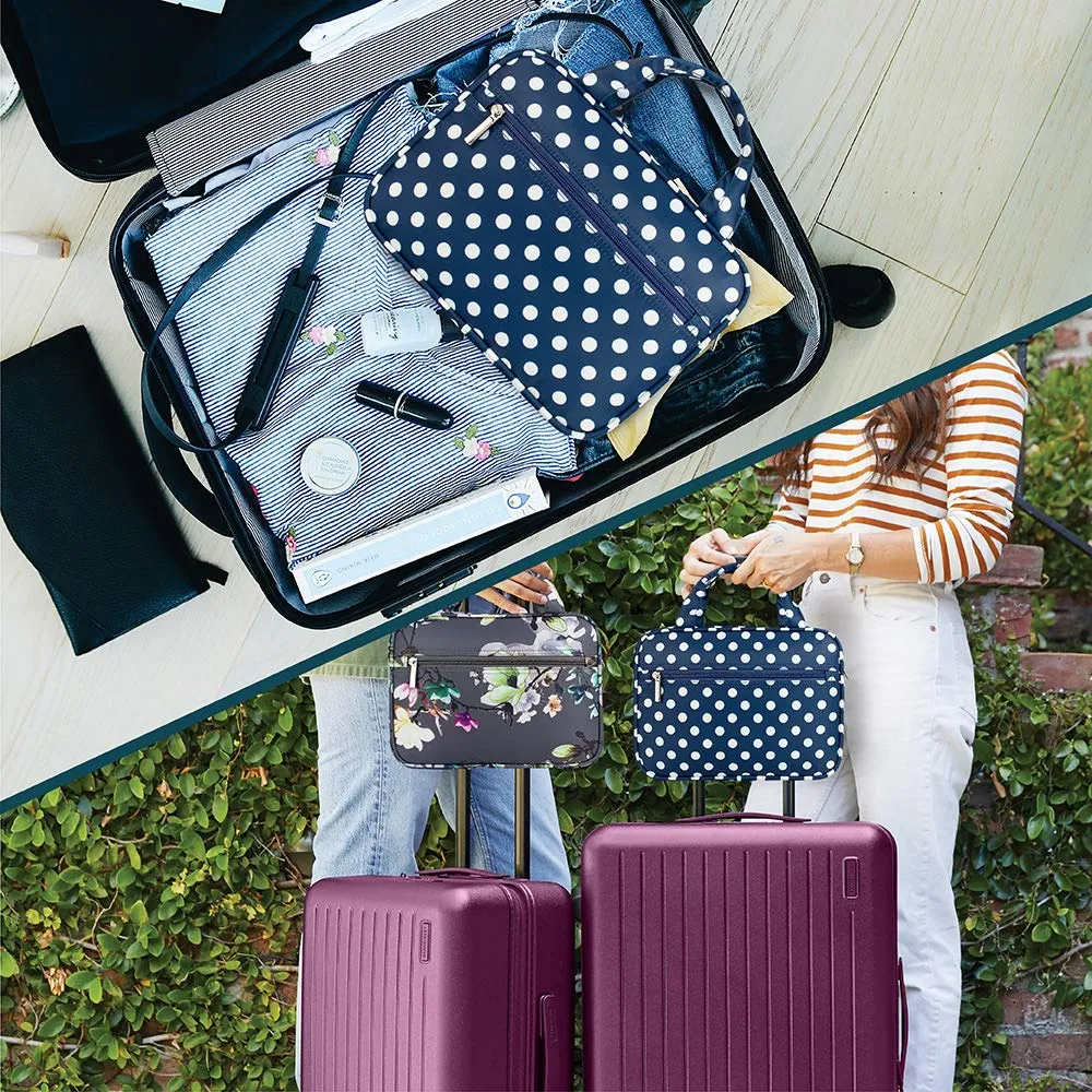 PAVILIA Hanging Toiletry Bag Travel Bag Women Men, Foldable Cosmetic Organizer, Roll up Makeup Bag, Water Resistant Accessories Toiletries, Large Travel Essentials Kit (Navy Polka Dot)