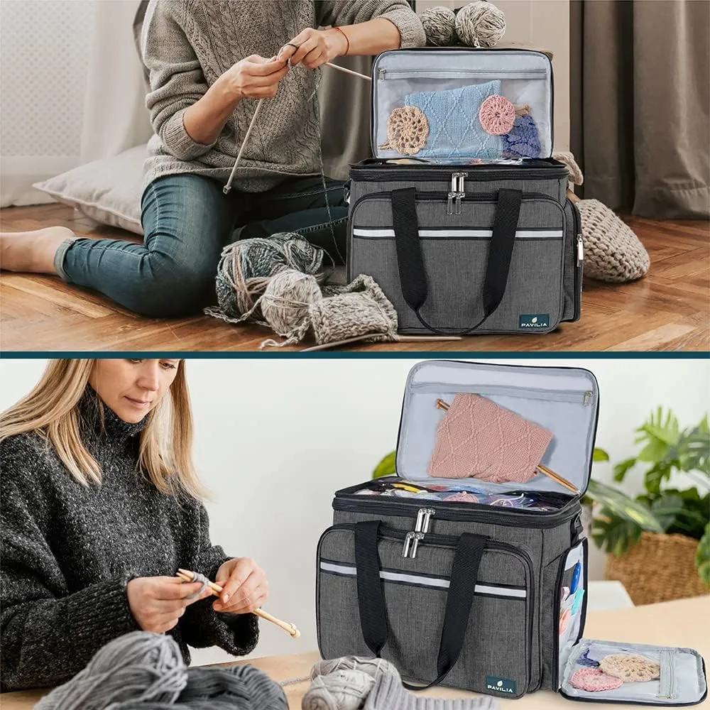 PAVILIA Knitting Bag Yarn Storage Tote, Large Crochet Organizer Bag, Yarn Storage Holder for Crocheting Knitter, Knitting Project Bag, Crochet Accessories Set, Gifts For Crochet Lovers, Charcoal Grey