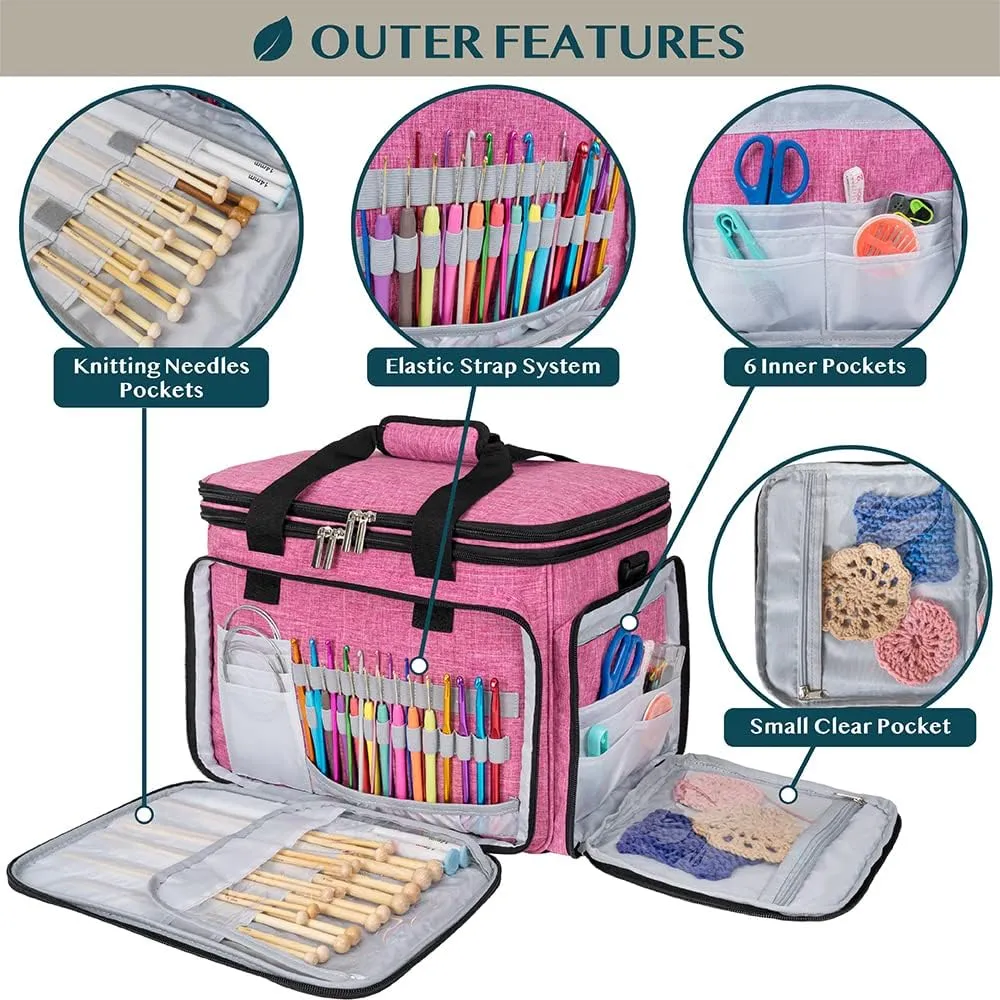 PAVILIA Knitting Bag Yarn Storage Tote, Large Crochet Organizer Bag, Yarn Storage Holder for Crocheting Knitter, Knitting Project Bag, Crochet Accessories Set, Gifts For Crochet Lovers, Heather Pink