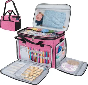 PAVILIA Knitting Bag Yarn Storage Tote, Large Crochet Organizer Bag, Yarn Storage Holder for Crocheting Knitter, Knitting Project Bag, Crochet Accessories Set, Gifts For Crochet Lovers, Heather Pink