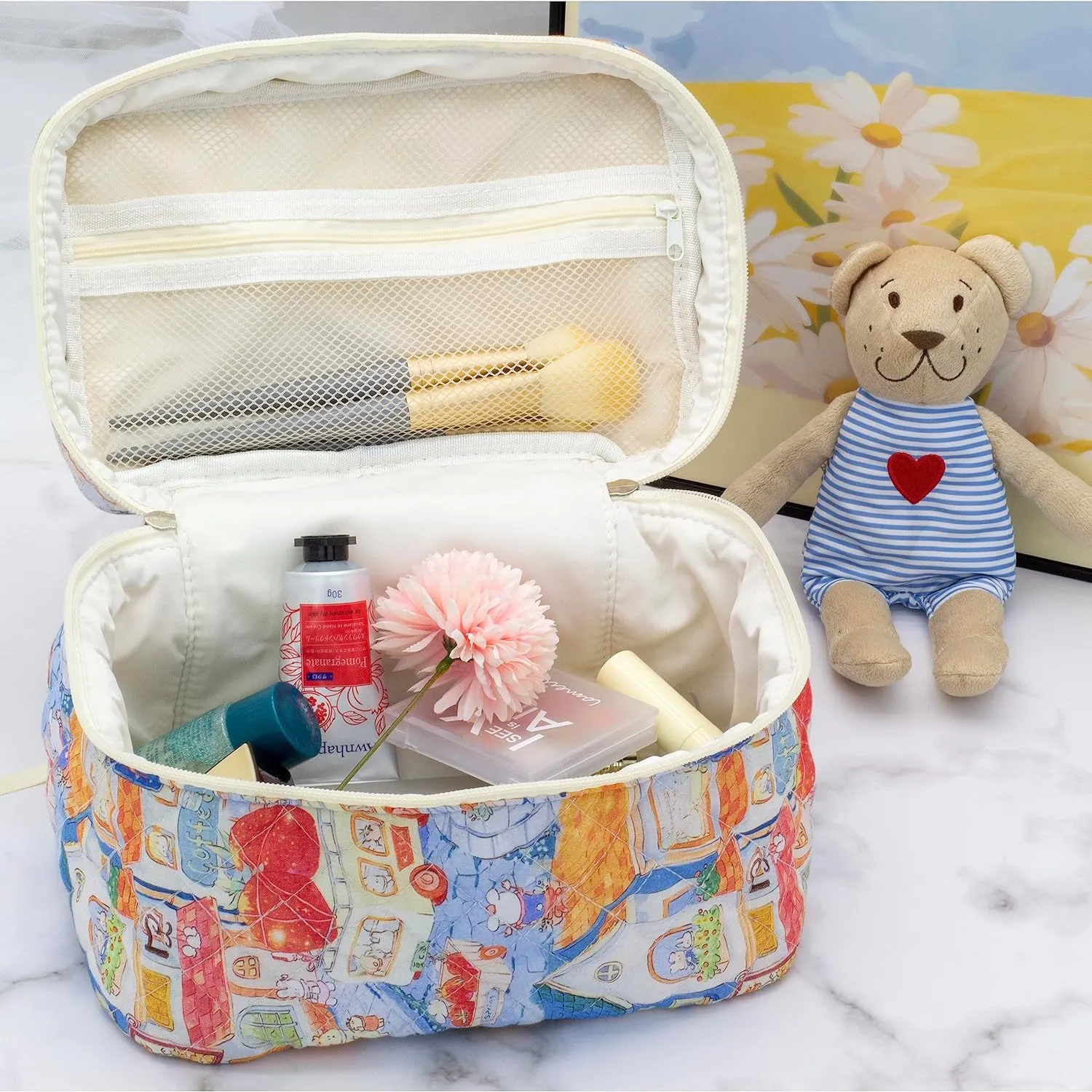 PAZIMIIK Cotton Makeup Bag for Women Large Quilted Travel Cosmetic Case Girls' Make Up Organizer,Little Bunny