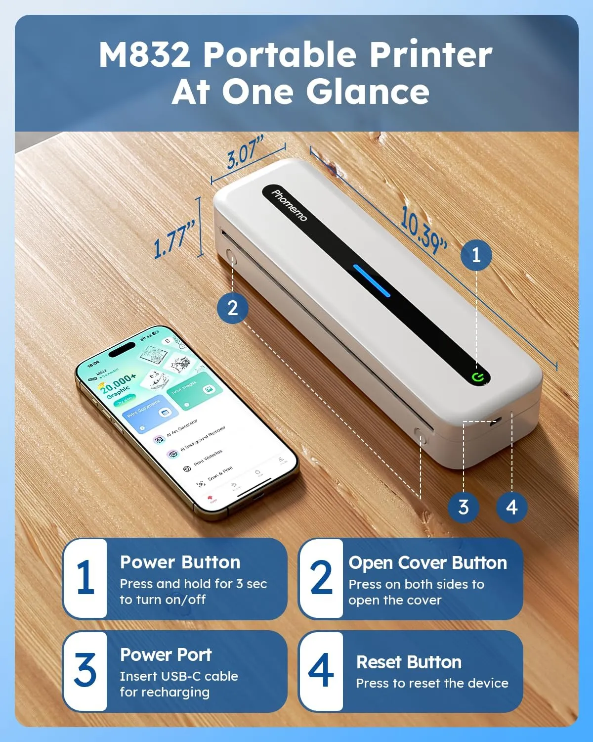 Phomemo Portable Printers Wireless for Travel, M832 Bluetooth Thermal Printer for Phone Laptop, Support 8.5" X 11"/A4/2.08''/3.15''/4.33'' Thermal Paper, Inkless Mobile Printer for Vehicle Home Office