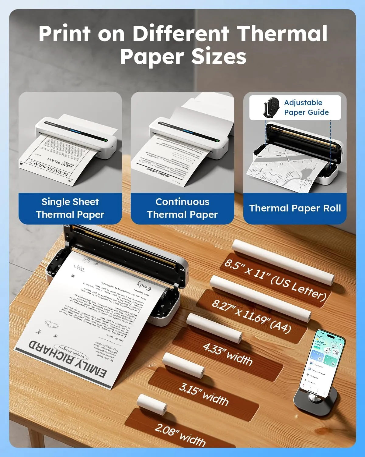 Phomemo Portable Printers Wireless for Travel, M832 Bluetooth Thermal Printer for Phone Laptop, Support 8.5" X 11"/A4/2.08''/3.15''/4.33'' Thermal Paper, Inkless Mobile Printer for Vehicle Home Office