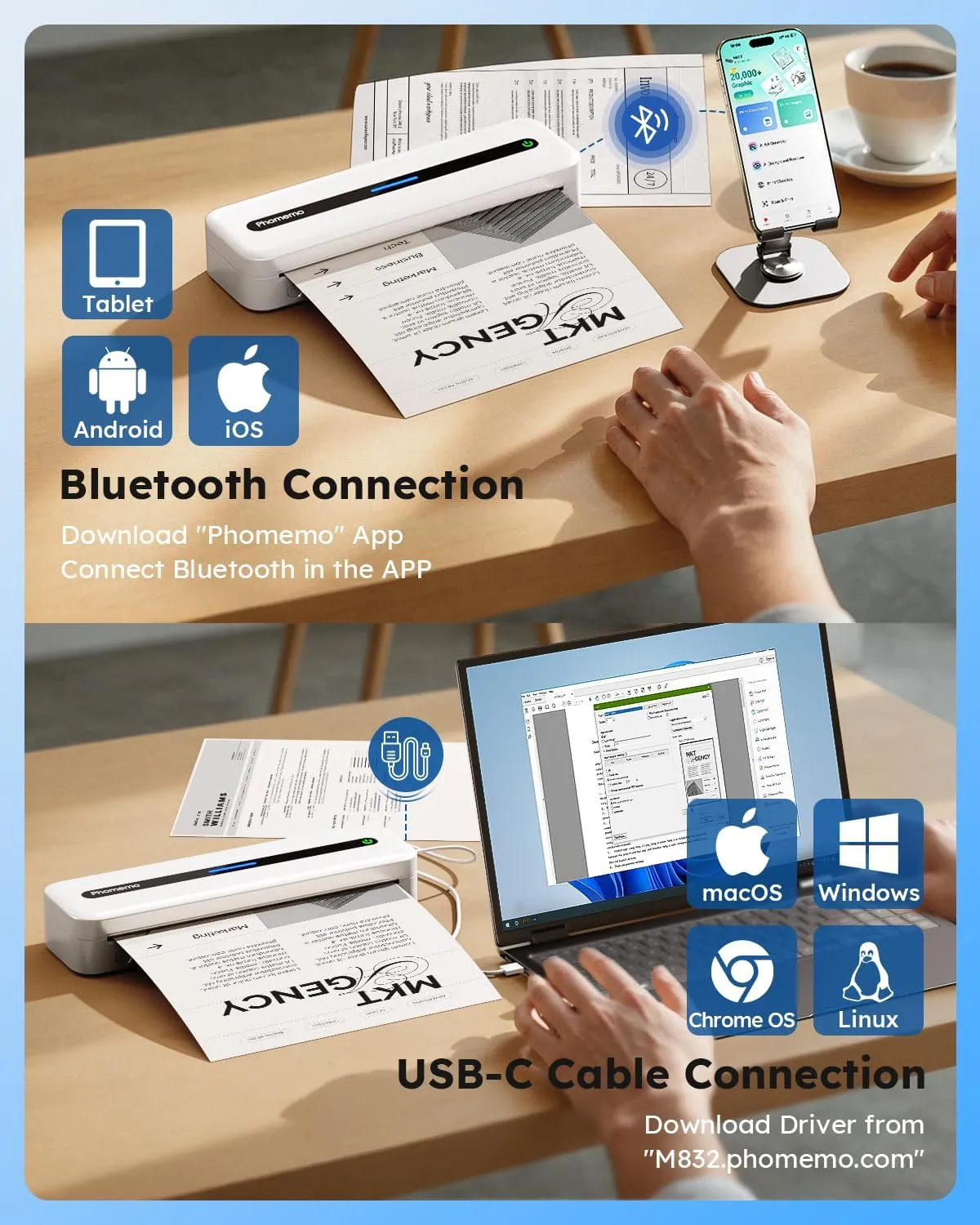 Phomemo Portable Printers Wireless for Travel, M832 Bluetooth Thermal Printer for Phone Laptop, Support 8.5" X 11"/A4/2.08''/3.15''/4.33'' Thermal Paper, Inkless Mobile Printer for Vehicle Home Office
