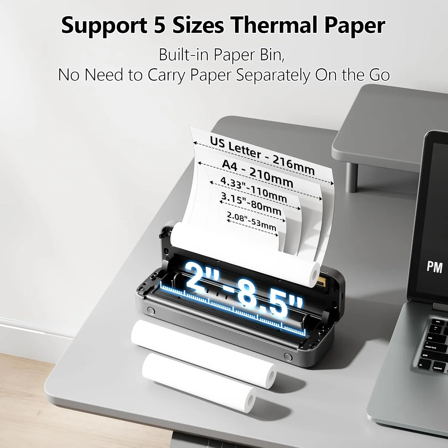 Phomemo Small Portable Printers Wireless for Travel, M832 Inkless Thermal Printer Support 8.5'' x 11'' US Letter, Bluetooth Mobile Printers for Vehicles Home Use, Compatible with iPhone iPad Laptop