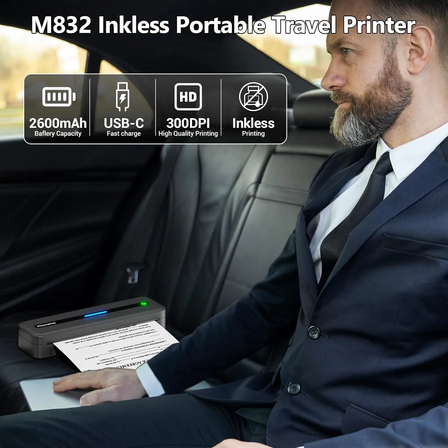 Phomemo Small Portable Printers Wireless for Travel, M832 Inkless Thermal Printer Support 8.5'' x 11'' US Letter, Bluetooth Mobile Printers for Vehicles Home Use, Compatible with iPhone iPad Laptop