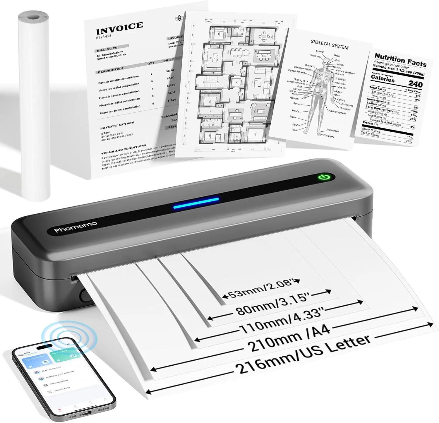 Phomemo Small Portable Printers Wireless for Travel, M832 Inkless Thermal Printer Support 8.5'' x 11'' US Letter, Bluetooth Mobile Printers for Vehicles Home Use, Compatible with iPhone iPad Laptop