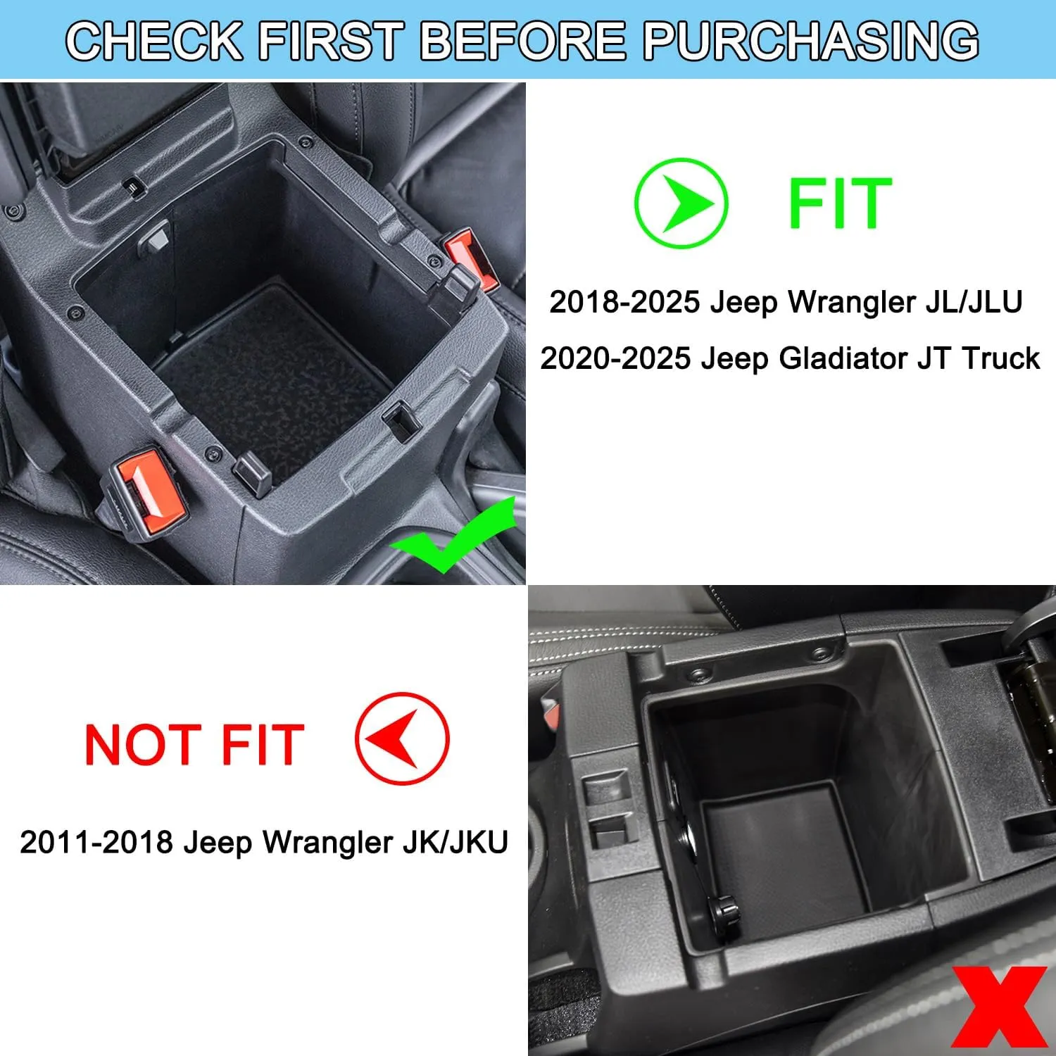 PIMCAR Center Console Organizer for Jeep Wrangler JL/JLU (2018-2025) & Gladiator JT (2020-2025) | Armrest Storage Tray | Interior Accessories (Not for JK/JKU) | Black Liner Trim
