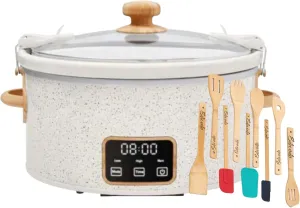 Pioneer Woman 6 QT Slow Cooker, Locking Lid, Removable Crock, Digital, Model, With Gadgets 9 Pieces Utensil Natural Bamboo Bundle, Speckled Linen