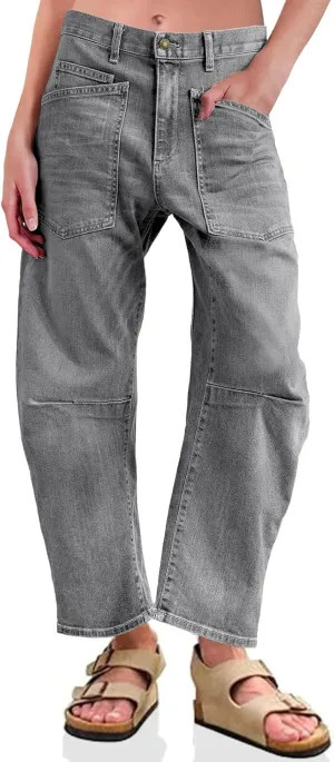 PLNOTME Womens Baggy Barrel Jeans Boyfriend High Waisted Wide Leg Cropped Ankle Denim Pants