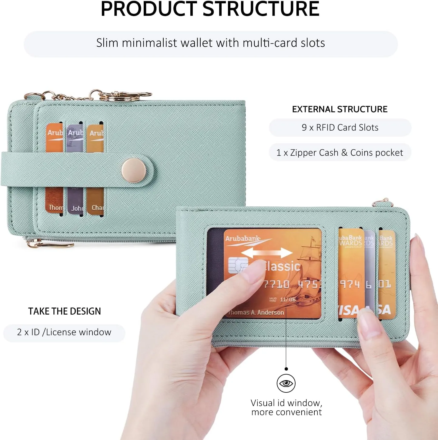 POIUGOYA Slim Wallet for Women,RFID Blocking Bifold Credit Card Holder with Zipper Coin Pocket,ID Window,Keychain