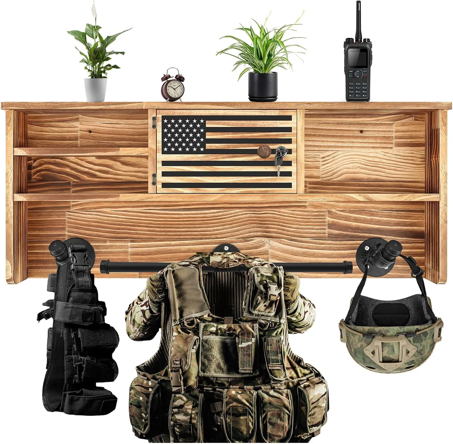 Police Gear Rack Wall Mounted Police Vest Hanger USA Flag Gear Stand with Gun Storage and Plate Carrier Law Enforcement Organizer Accessories for Men Father Veteran Gift