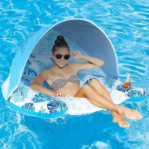 Pool Floats Chairs Adult Inflatable Pool Lounge Chairs Floating Water Hammock Chair with Cup Holder & Backrest Pool Floating Bed Floating Seat Float Raft for Summer Party Lake Beach, Blue