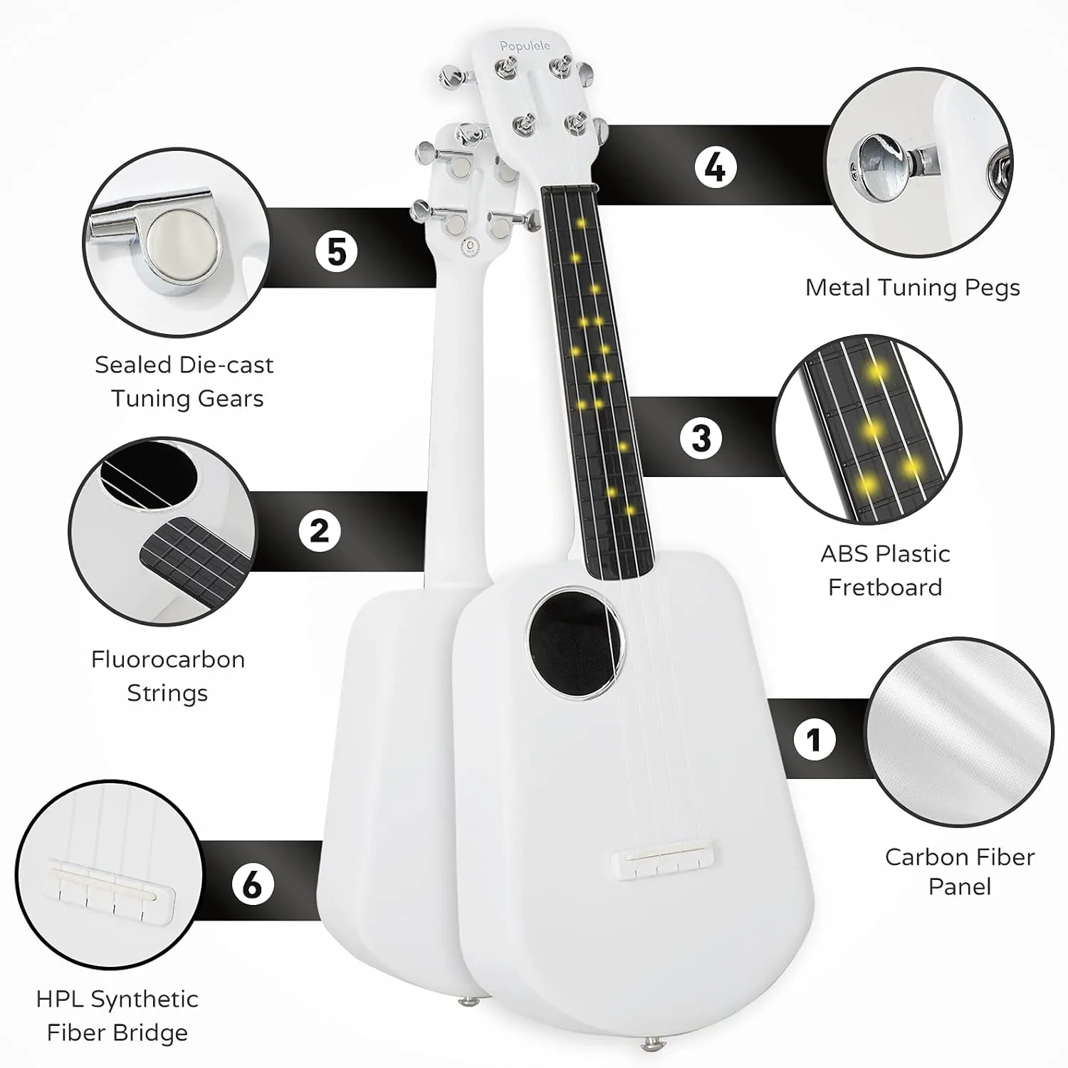 PopuMusic Populele 2 Compact and Portable Smart Ukulele Carbon Fiber Edition for Beginners, Experts, Kids and Adults