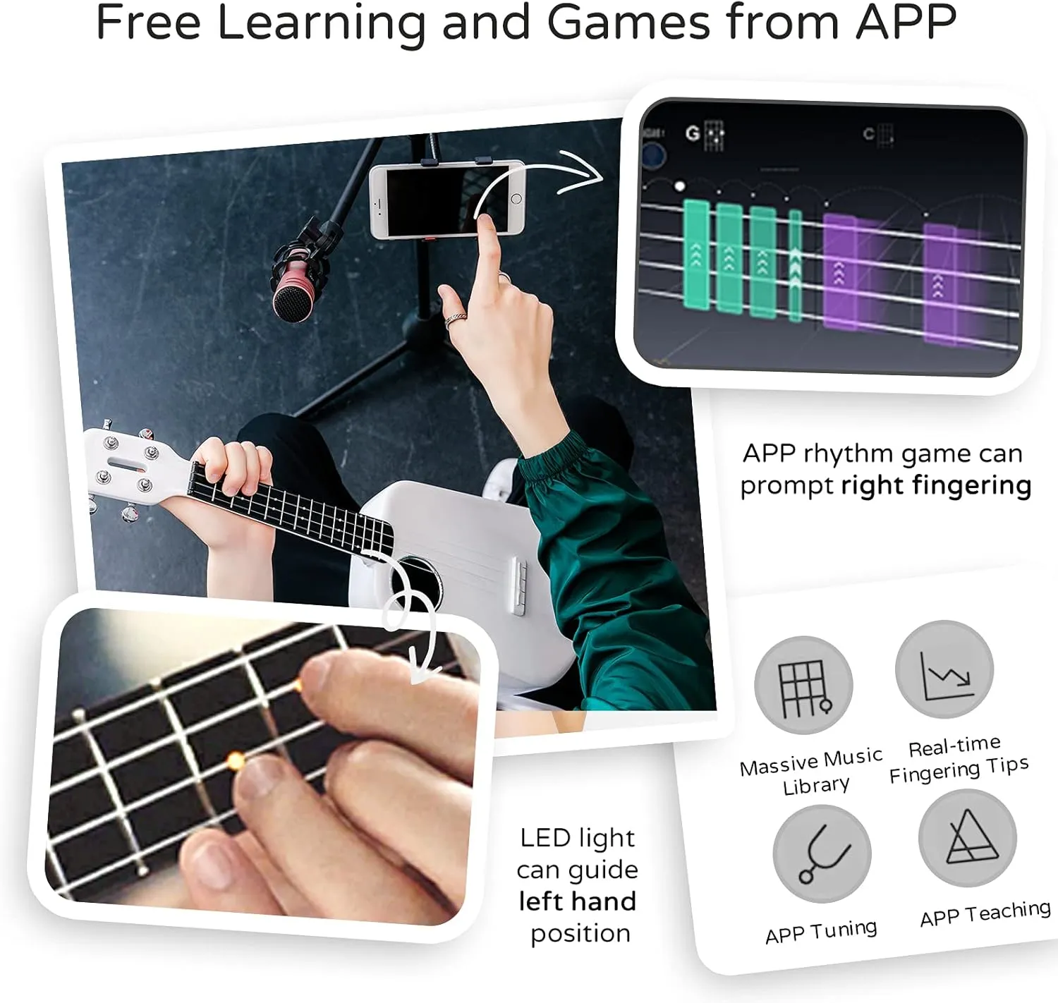 PopuMusic Populele 2 Compact and Portable Smart Ukulele Carbon Fiber Edition for Beginners, Experts, Kids and Adults