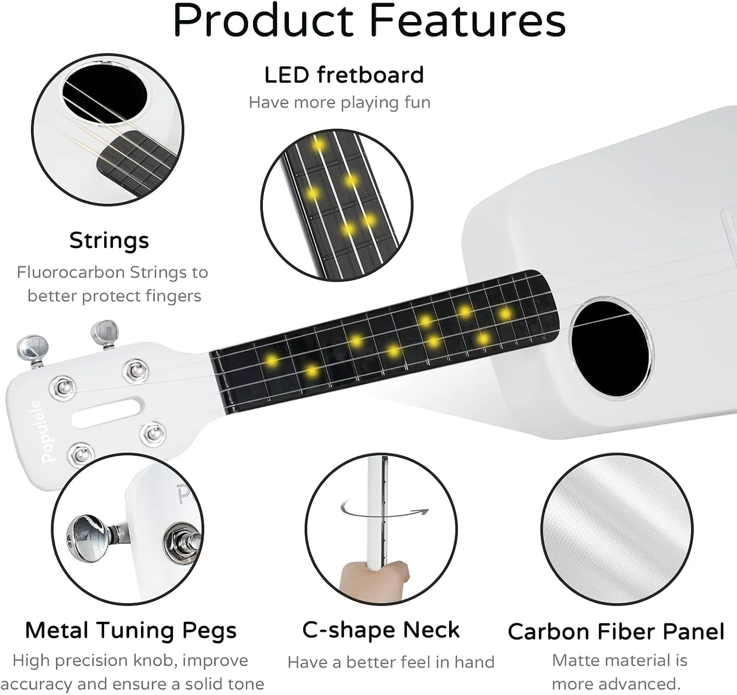 PopuMusic Populele 2 Compact and Portable Smart Ukulele Carbon Fiber Edition for Beginners, Experts, Kids and Adults