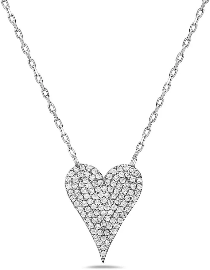 PORI JEWELERS 925 Sterling Silver Cubic Zirconia Pave Heart Charm Pendant Necklace - 18" Anchor Chain