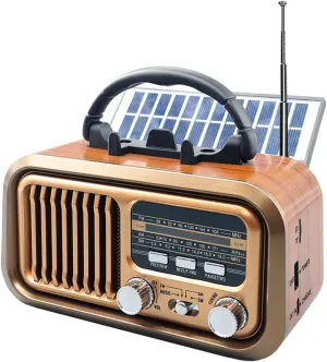 Portable Vintage Retro Radio AM FM with Excellent Reception, Transistor Shortwave Radio Rechargeable, D Battery or Solar Powered, Music Speaker Support Mirco SD/TF Card USB Player