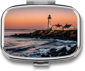 Portland River Lighthouse Sunrise Travel Pill Organizer A Daily Pill Box for Supplements 2 Compartment Pill Case Convenient for Carrying and Storing Medicines Box