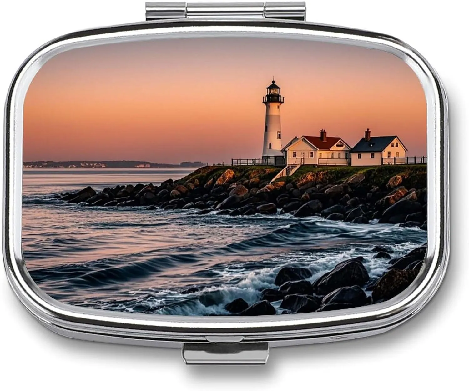 Portland River Lighthouse Sunrise Travel Pill Organizer A Daily Pill Box for Supplements 2 Compartment Pill Case Convenient for Carrying and Storing Medicines Box