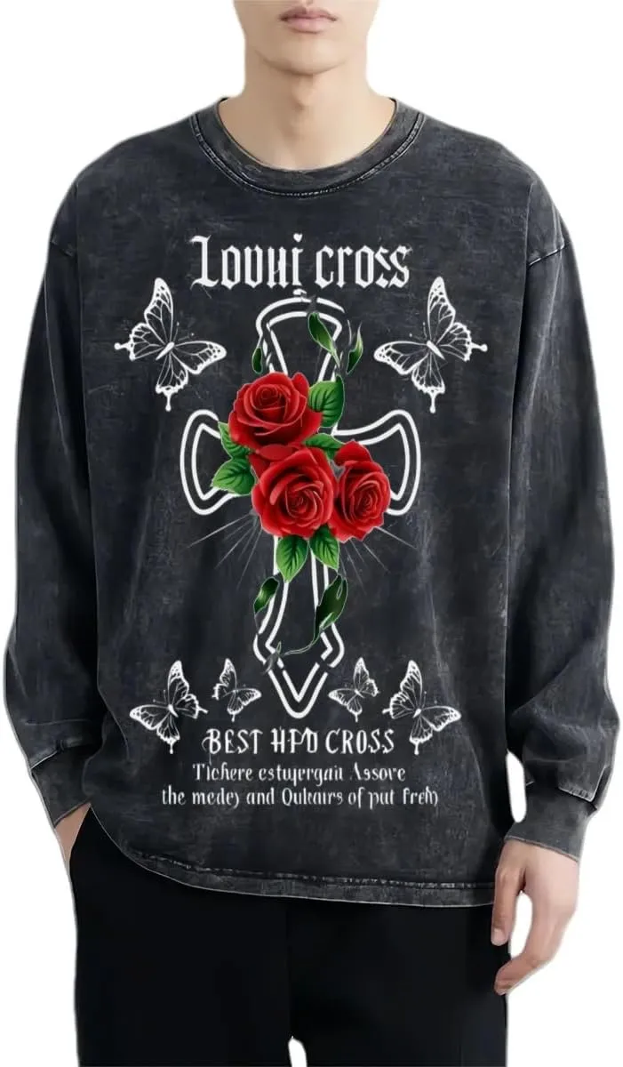 Praying Angel with Wings Vintage Long-Sleeved Denim Jacket Shirt Men's Round Neck Sports T-Shirt
