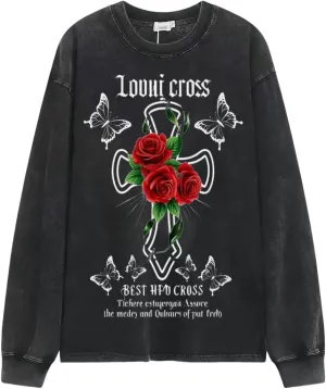 Praying Angel with Wings Vintage Long-Sleeved Denim Jacket Shirt Men's Round Neck Sports T-Shirt