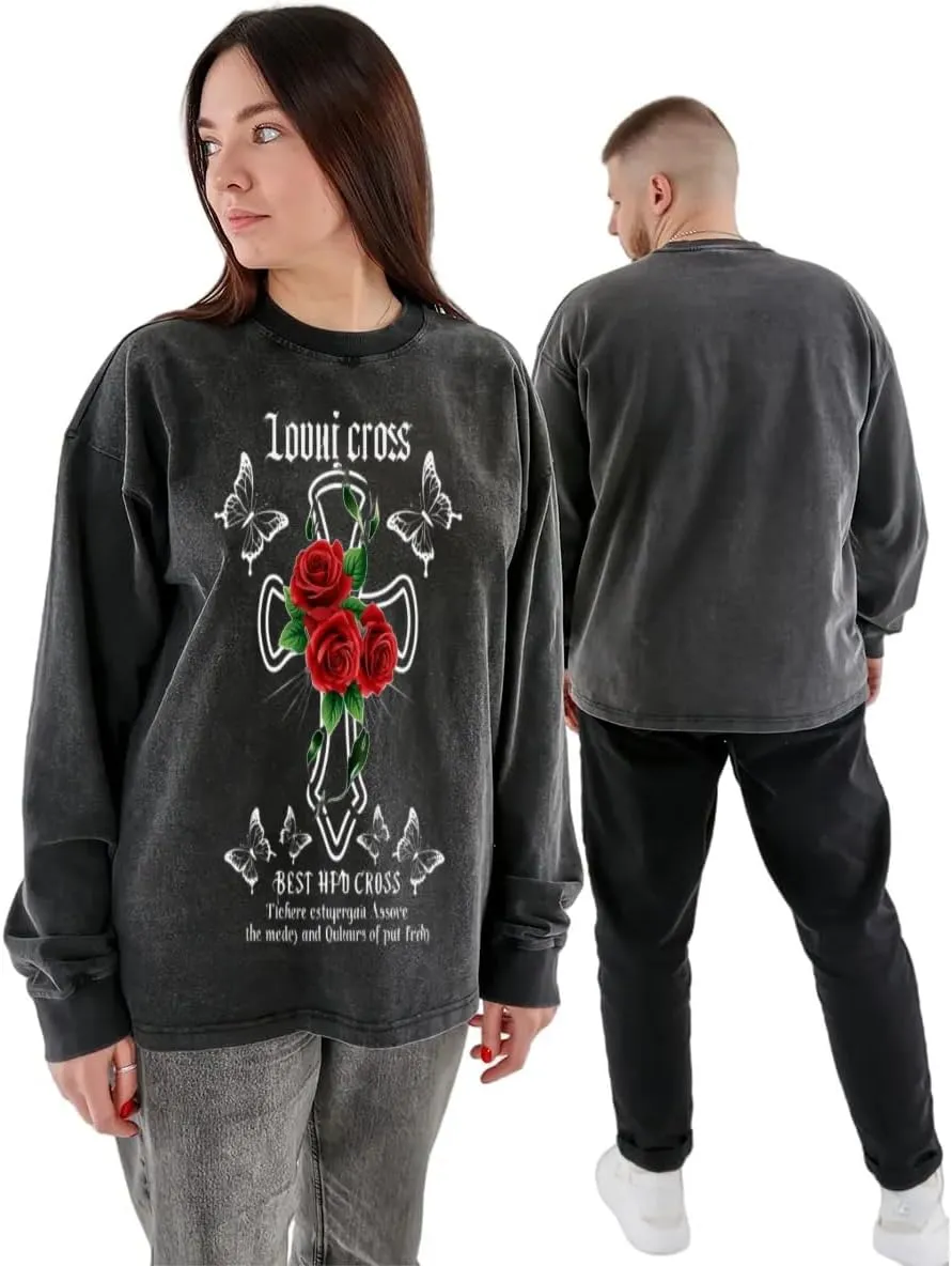 Praying Angel with Wings Vintage Long-Sleeved Denim Jacket Shirt Men's Round Neck Sports T-Shirt