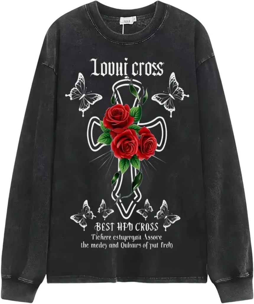 Praying Angel with Wings Vintage Long-Sleeved Denim Jacket Shirt Men's Round Neck Sports T-Shirt