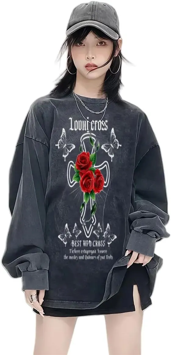 Praying Angel with Wings Vintage Long-Sleeved Denim Jacket Shirt Men's Round Neck Sports T-Shirt