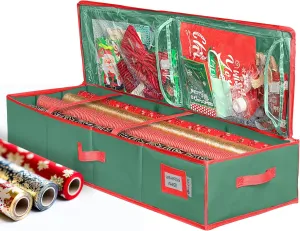 Premium Wrapping Paper Storage Container -Durable Material 600D tear-proof - Fits up to 27 Paper Rolls -Extra Pockets for Ribbons & Bows. Underbed Gift Wrap Organizer, Ideal for Holiday Christmas, etc