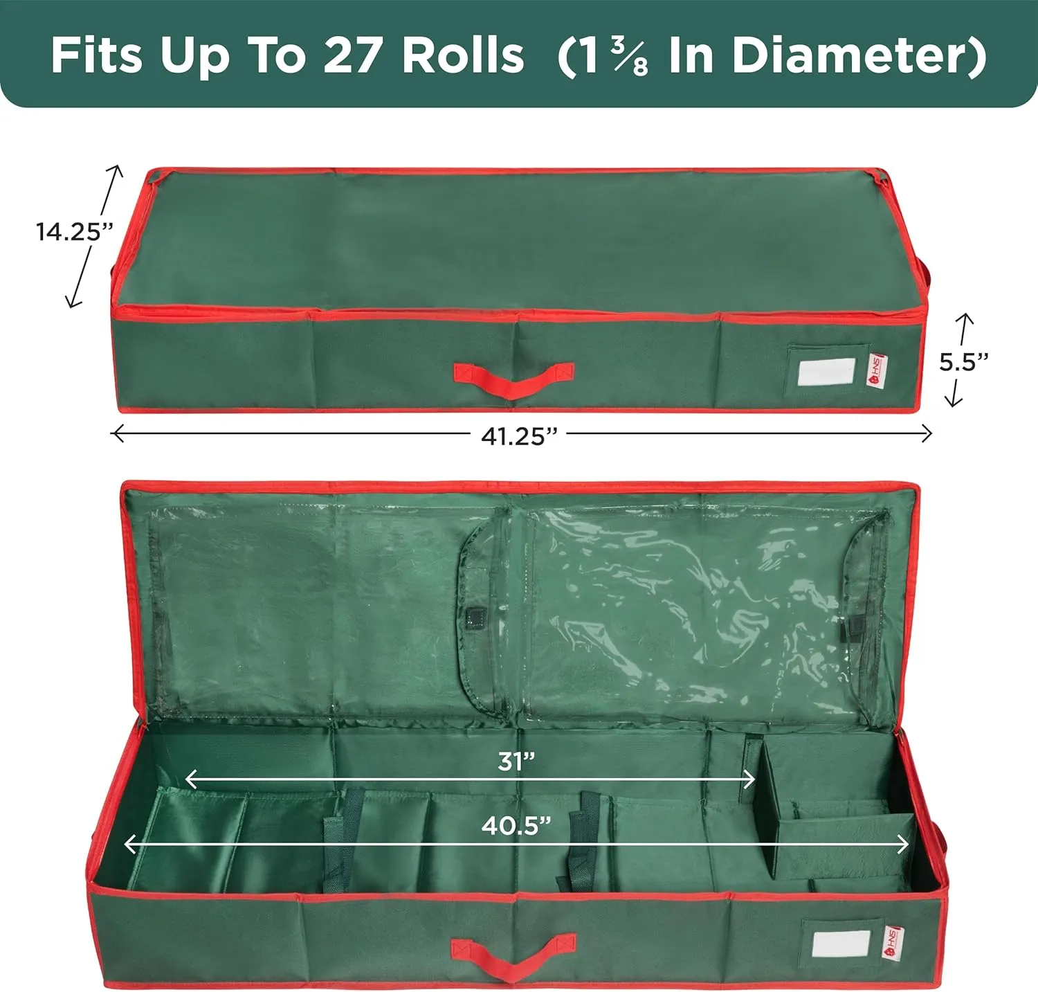 Premium Wrapping Paper Storage Container -Durable Material 600D tear-proof - Fits up to 27 Paper Rolls -Extra Pockets for Ribbons & Bows. Underbed Gift Wrap Organizer, Ideal for Holiday Christmas, etc