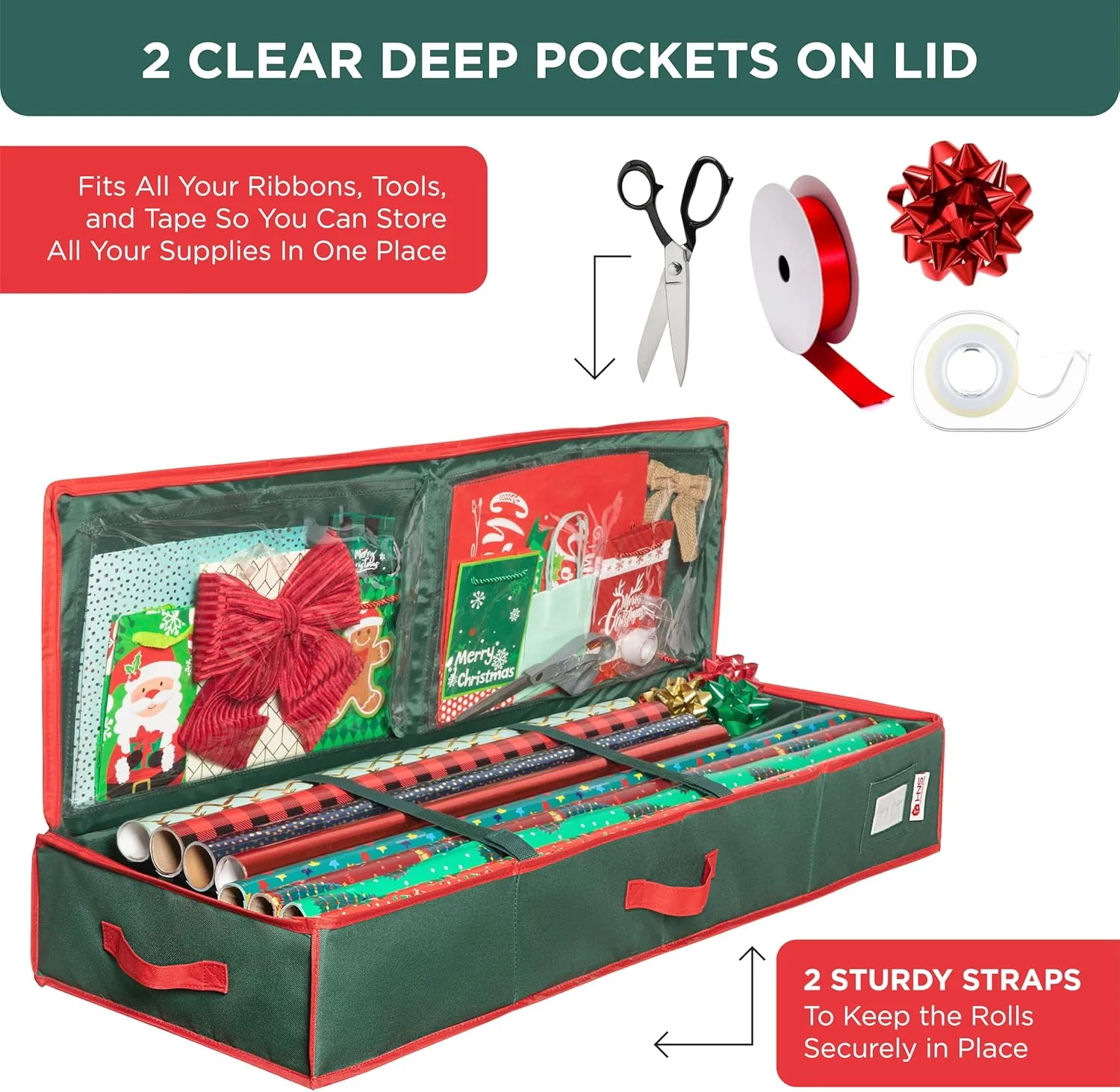 Premium Wrapping Paper Storage Container -Durable Material 600D tear-proof - Fits up to 27 Paper Rolls -Extra Pockets for Ribbons & Bows. Underbed Gift Wrap Organizer, Ideal for Holiday Christmas, etc