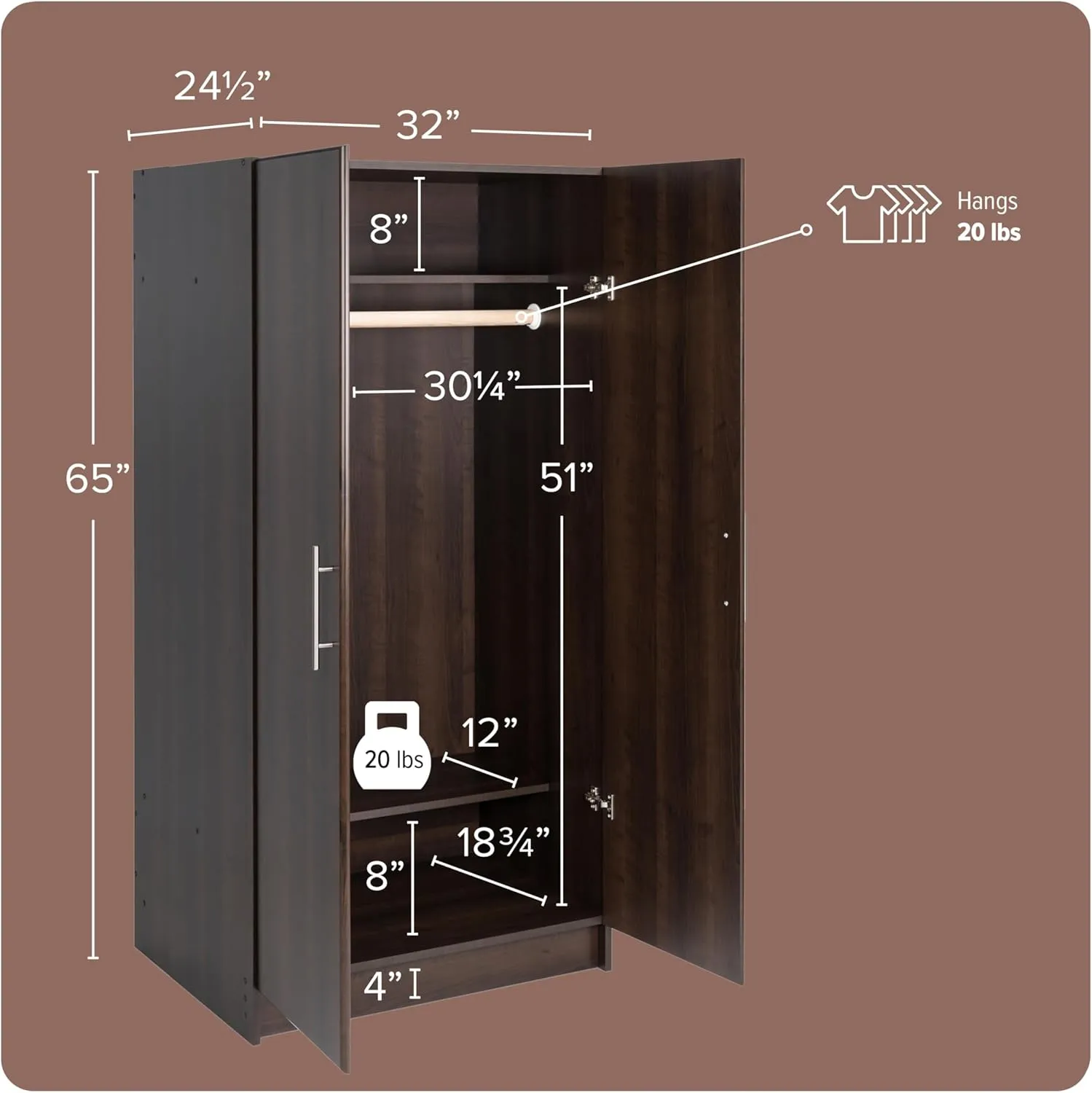 Prepac Elite 32" Storage Cabinet Closet, Brown Storage Cabinet, Linen Cabinet, Wardrobe Cabinet with Hanging Rail and Shelves 24.5" D x 32" W x 65" H