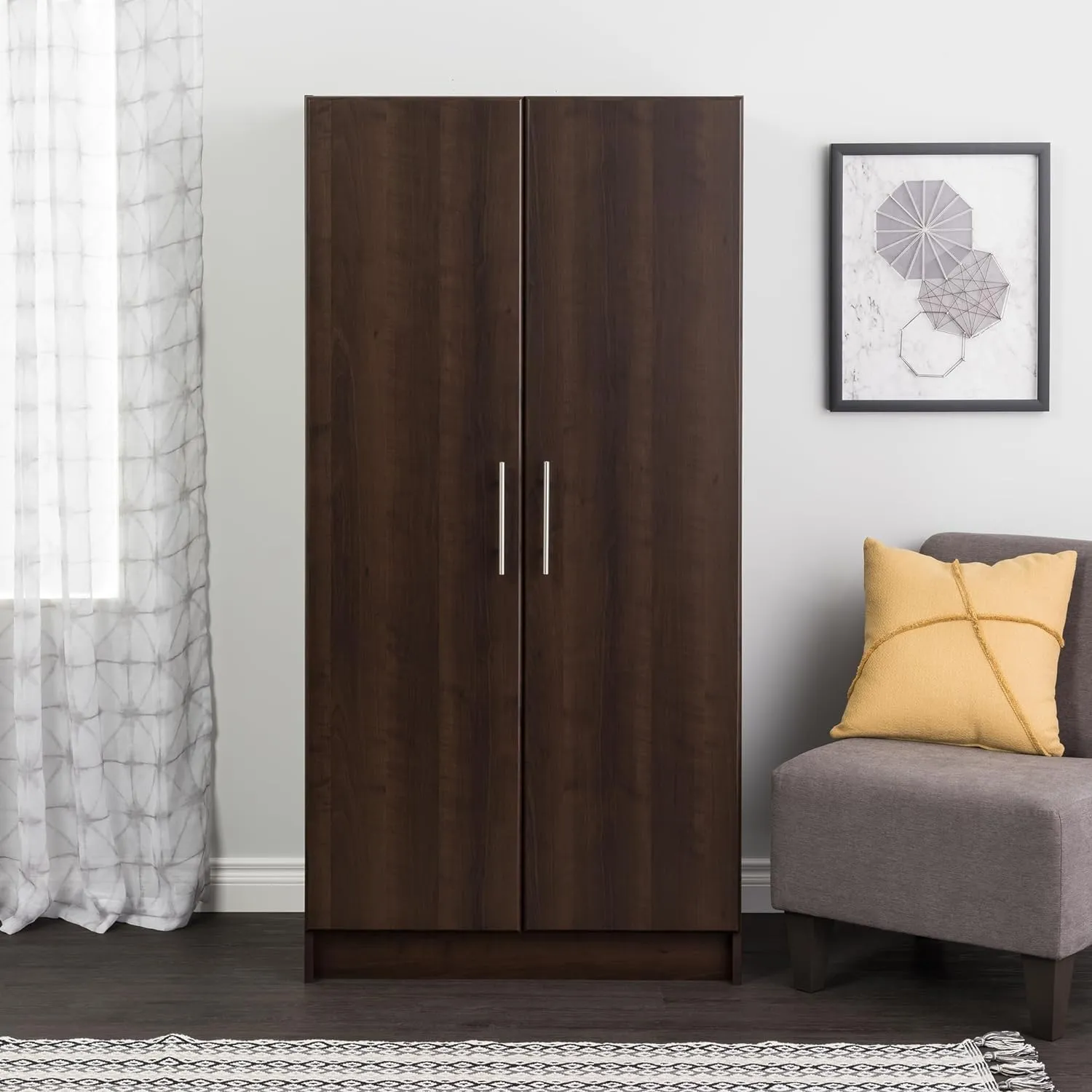 Prepac Elite 32" Storage Cabinet Closet, Brown Storage Cabinet, Linen Cabinet, Wardrobe Cabinet with Hanging Rail and Shelves 24.5" D x 32" W x 65" H
