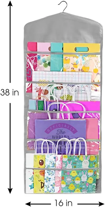 Primode Gift Bag and Tissue Paper Storage, Hanging Organizer with Multiple Front and Back Pockets Double Sided, Organize Gift Wrap and Paper Bags 38 x 16 Inch (Grey)