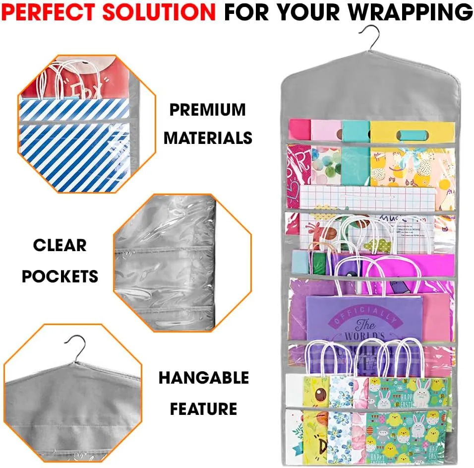 Primode Gift Bag and Tissue Paper Storage, Hanging Organizer with Multiple Front and Back Pockets Double Sided, Organize Gift Wrap and Paper Bags 38 x 16 Inch (Grey)