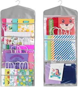 Primode Gift Bag and Tissue Paper Storage, Hanging Organizer with Multiple Front and Back Pockets Double Sided, Organize Gift Wrap and Paper Bags 38 x 16 Inch (Grey)
